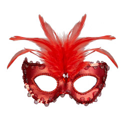 Škraboška s peřím červená